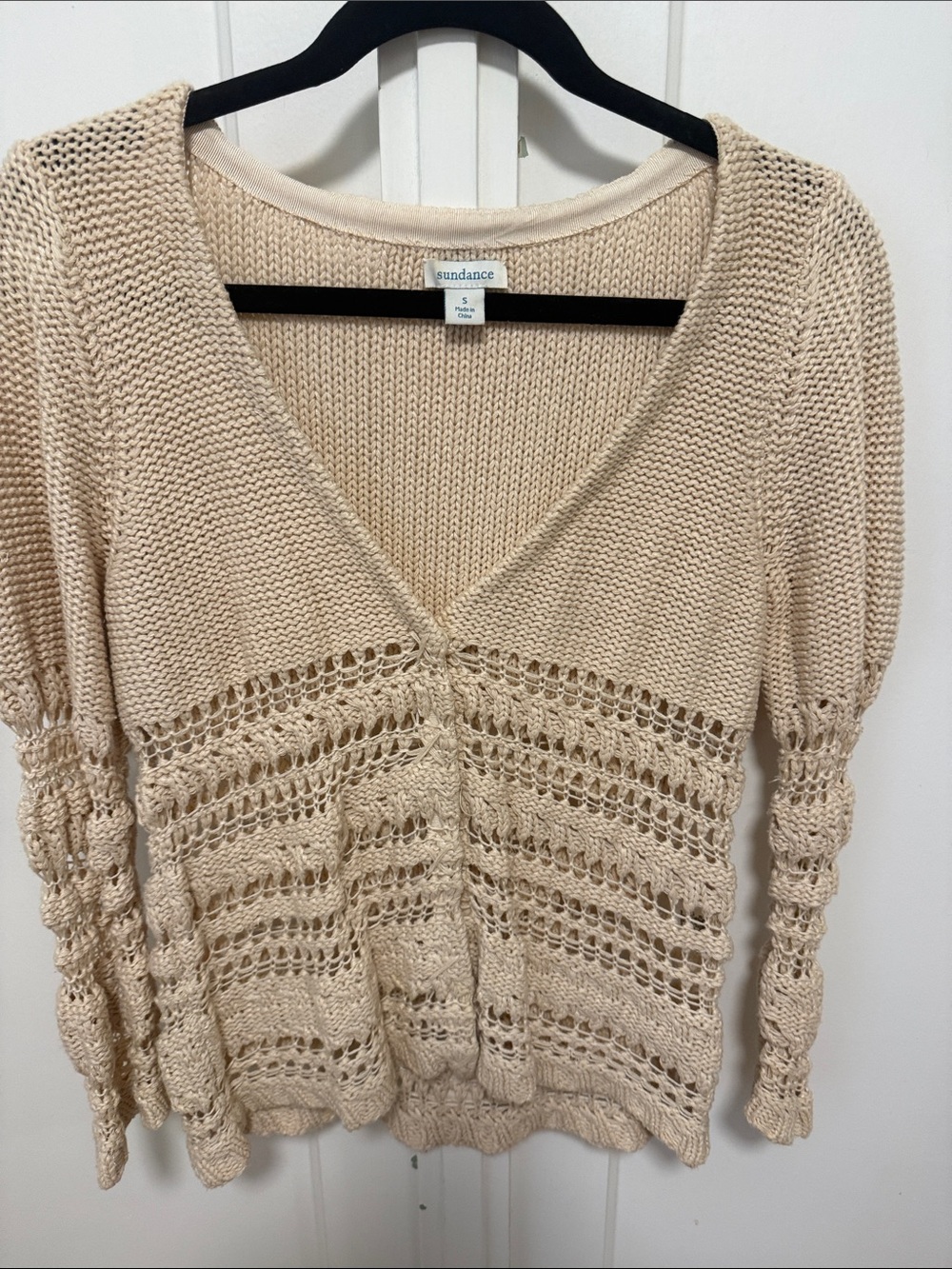 Sundance Cream Openwork V-Neck Sweater